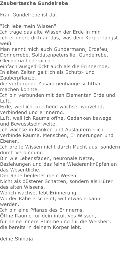 Zaubertasche Gundelrebe  Frau Gundelrebe ist da.   "Ich lebe mein Wissen"  Ich trage das alte Wissen der Erde in mir. Ich erinnere dich an das, was dein Körper längst weiß. Man nennt mich auch Gundermann, Erdefeu, Donnerrebe, Soldatenpetersilie, Gundelrebe, Glechoma hederacea -  einfach ausgedrückt auch als die Erinnernde.  In alten Zeiten galt ich als Schutz- und Zauberpflanze,  die verborgene Zusammenhänge sichtbar machen konnte. Ich bin verbunden mit den Elementen Erde und Luft. Erde, weil ich kriechend wachse, wurzelnd, verbindend und erinnernd.  Luft, weil ich Räume öffne, Gedanken bewege und Bewusstsein weite. Ich wachse in Ranken und Ausläufern - ich verbinde Räume, Menschen, Erinnerungen und Ebenen.  Ich breite Wissen nicht durch Macht aus, sondern durch Verbindung. Bin wie Lebensfäden, neuronale Netze,  Beziehungen und das feine Wiederanknüpfen an das Wesentliche. Der Rabe begleitet mein Wesen. Nicht als düsterer Schatten, sondern als Hüter des alten Wissens. Wo ich wachse, lebt Erinnerung. Wo der Rabe erscheint, will etwas erkannt werden. Ich bin eine Pflanze des Erinnerns. Öffne Räume für dein intuitives Wissen,  für deine innere Stimme und für die Weisheit,  die bereits in deinem Körper lebt.  deine Shinaja