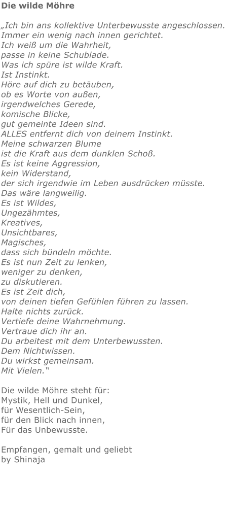 Die wilde Möhre  „Ich bin ans kollektive Unterbewusste angeschlossen. Immer ein wenig nach innen gerichtet. Ich weiß um die Wahrheit, passe in keine Schublade. Was ich spüre ist wilde Kraft. Ist Instinkt. Höre auf dich zu betäuben, ob es Worte von außen, irgendwelches Gerede, komische Blicke, gut gemeinte Ideen sind. ALLES entfernt dich von deinem Instinkt. Meine schwarzen Blume ist die Kraft aus dem dunklen Schoß. Es ist keine Aggression, kein Widerstand, der sich irgendwie im Leben ausdrücken müsste. Das wäre langweilig. Es ist Wildes, Ungezähmtes, Kreatives, Unsichtbares, Magisches, dass sich bündeln möchte. Es ist nun Zeit zu lenken, weniger zu denken, zu diskutieren. Es ist Zeit dich, von deinen tiefen Gefühlen führen zu lassen. Halte nichts zurück. Vertiefe deine Wahrnehmung. Vertraue dich ihr an. Du arbeitest mit dem Unterbewussten. Dem Nichtwissen. Du wirkst gemeinsam. Mit Vielen.“  Die wilde Möhre steht für: Mystik, Hell und Dunkel, für Wesentlich-Sein, für den Blick nach innen, Für das Unbewusste.  Empfangen, gemalt und geliebt by Shinaja