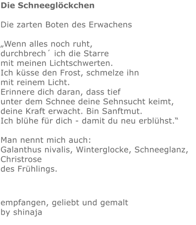Die Schneeglöckchen  Die zarten Boten des Erwachens  „Wenn alles noch ruht, durchbrech´ ich die Starre mit meinen Lichtschwerten. Ich küsse den Frost, schmelze ihn mit reinem Licht. Erinnere dich daran, dass tief unter dem Schnee deine Sehnsucht keimt, deine Kraft erwacht. Bin Sanftmut. Ich blühe für dich - damit du neu erblühst.“  Man nennt mich auch: Galanthus nivalis, Winterglocke, Schneeglanz, Christrose des Frühlings.  empfangen, geliebt und gemalt by shinaja